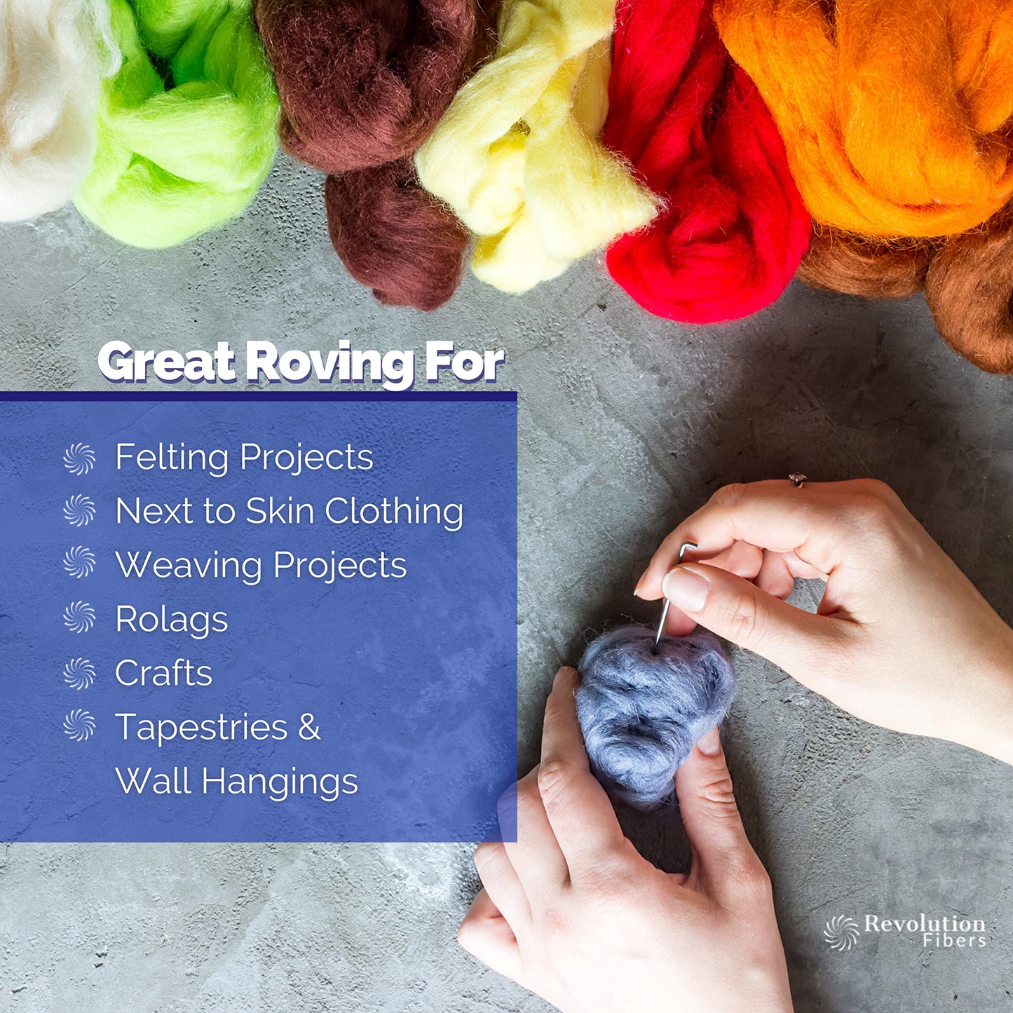 Revolution Fibers | Mixed Merino Wool Variety Pack | Perfect Wool Roving for Spinning, Needle Felting, Wet Felting, Weaving and Crafting (Beautiful Brights (Multicolored), 250 Grams)