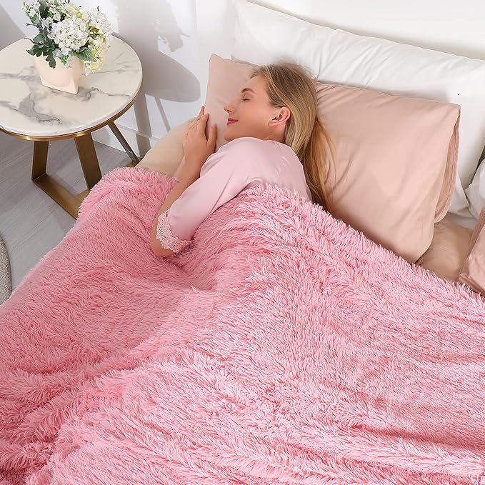 Tuddrom Decorative Extra Soft Faux Fur Throw Blanket 50"x60",Solid Reversible Fuzzy Double Layers Long Hair Shaggy Blanket,Fluffy Cozy Plush Fleece Comfy Microfiber Blanket for Couch Sofa Bed,Pink