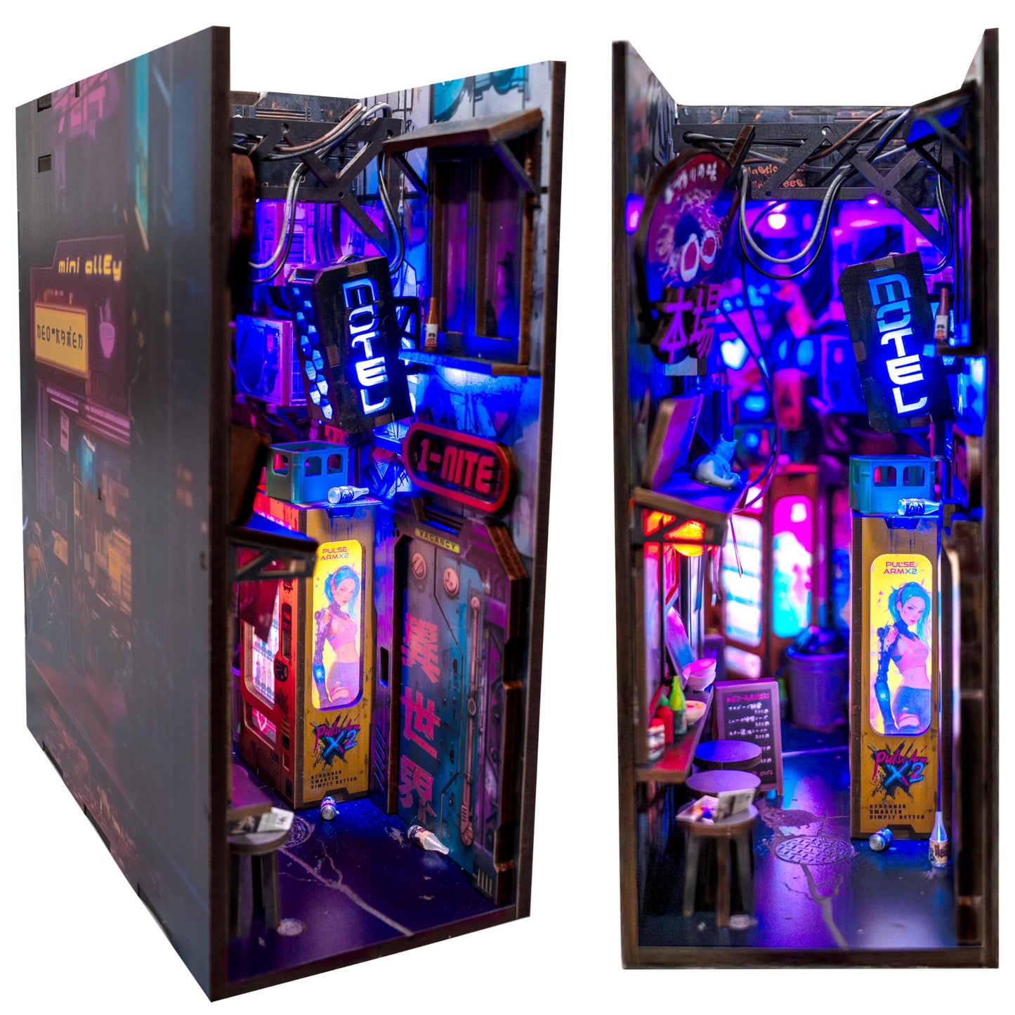 Neo Ramen MiniAlley DIY Cyberpunk Book Nook Kit – Wooden Diorama with Neon Lights, Futuristic Ramen Shop & Endless Alley Illusion – Unique Collectible Display for Bookshelf or Desk