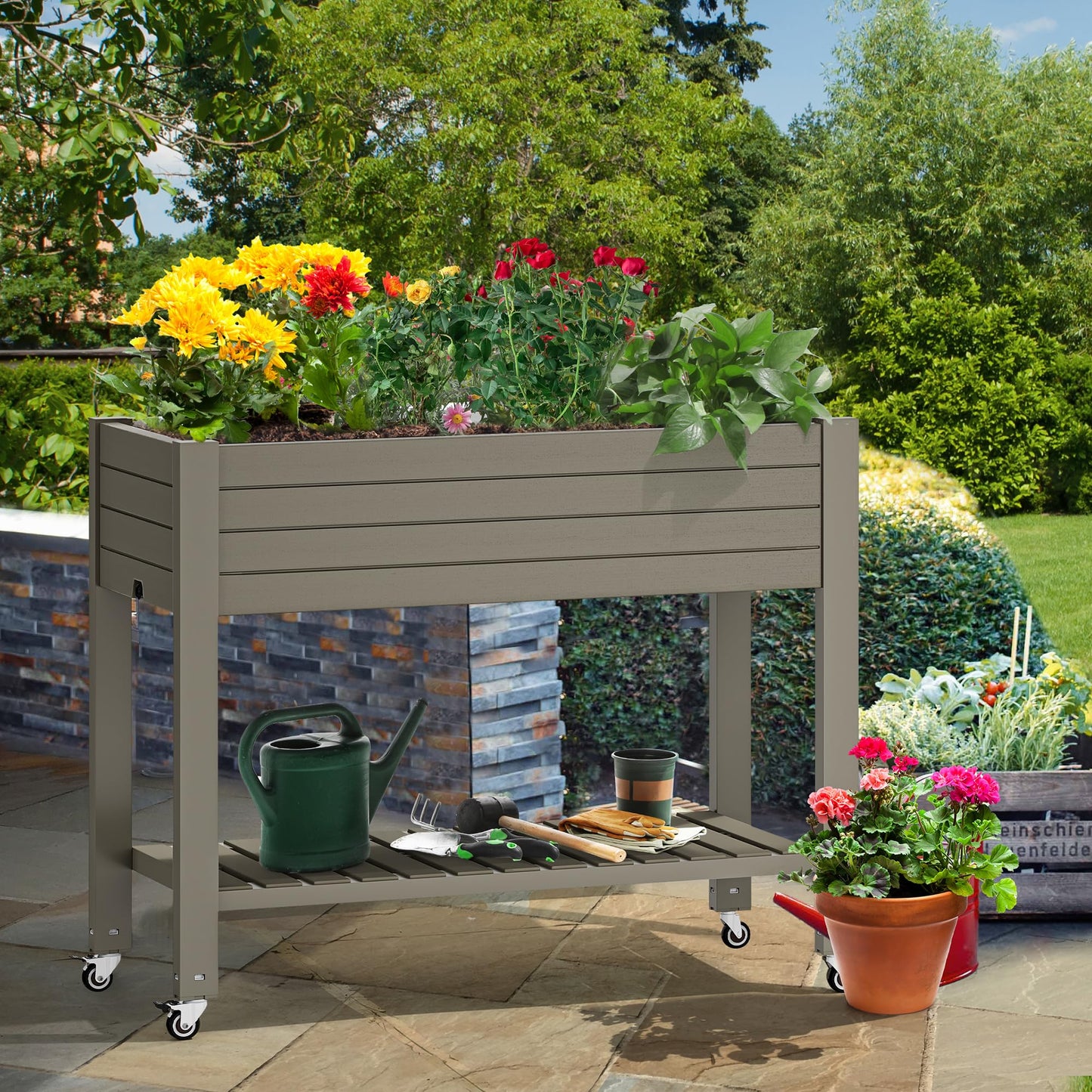 YITAHOME 43.3x17.7x34 in Elevated Garden Bed, Outdoor Plastic Planter Box with Wheels, Legs, Drain Plug, and Storage Shelf for Plants, Vegetables, Flowers, Herbs, Light Brown