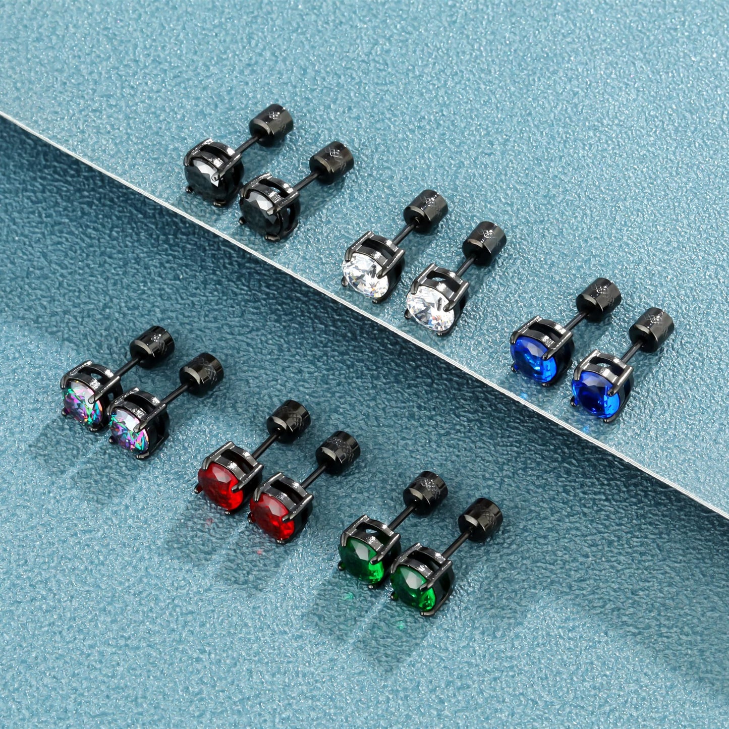 Hopply 4 Pairs Titanium Screw Back Surgical Stainless Steel Earrings for Women Men,Rainbow 5A Cubic Zirconia Studs Double Side Earrings Piercing Sleeper Jewelry 6mm (Green/Red/Blue/Rainbow CZ 3-6mm)