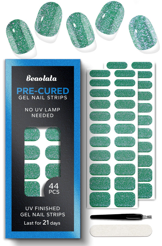 Beaolata Real Gel Nail Strips (No UV Light Needed) - 44Pcs Salon Quality Nail Stickers - Long Lasting Polish Wraps for Women, Easy Apply & Remove (Aquamarine)