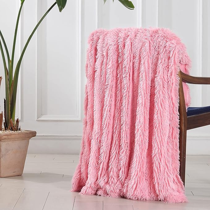 Tuddrom Decorative Extra Soft Faux Fur Blanket Twin Size 70" x 78",Solid Reversible Fuzzy Fluffy Cozy Plush Fleece Comfy Microfiber Fur Blanket for Couch Sofa Bed,Pink
