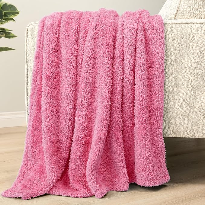 PAVILIA Sherpa Throw Blanket for Couch Sofa, Pink Fluffy Warm Plush Blanket for Bed, Cozy Super Soft Lightweight Throw, Fuzzy Decorative Blanket, All Season Home, 50x60