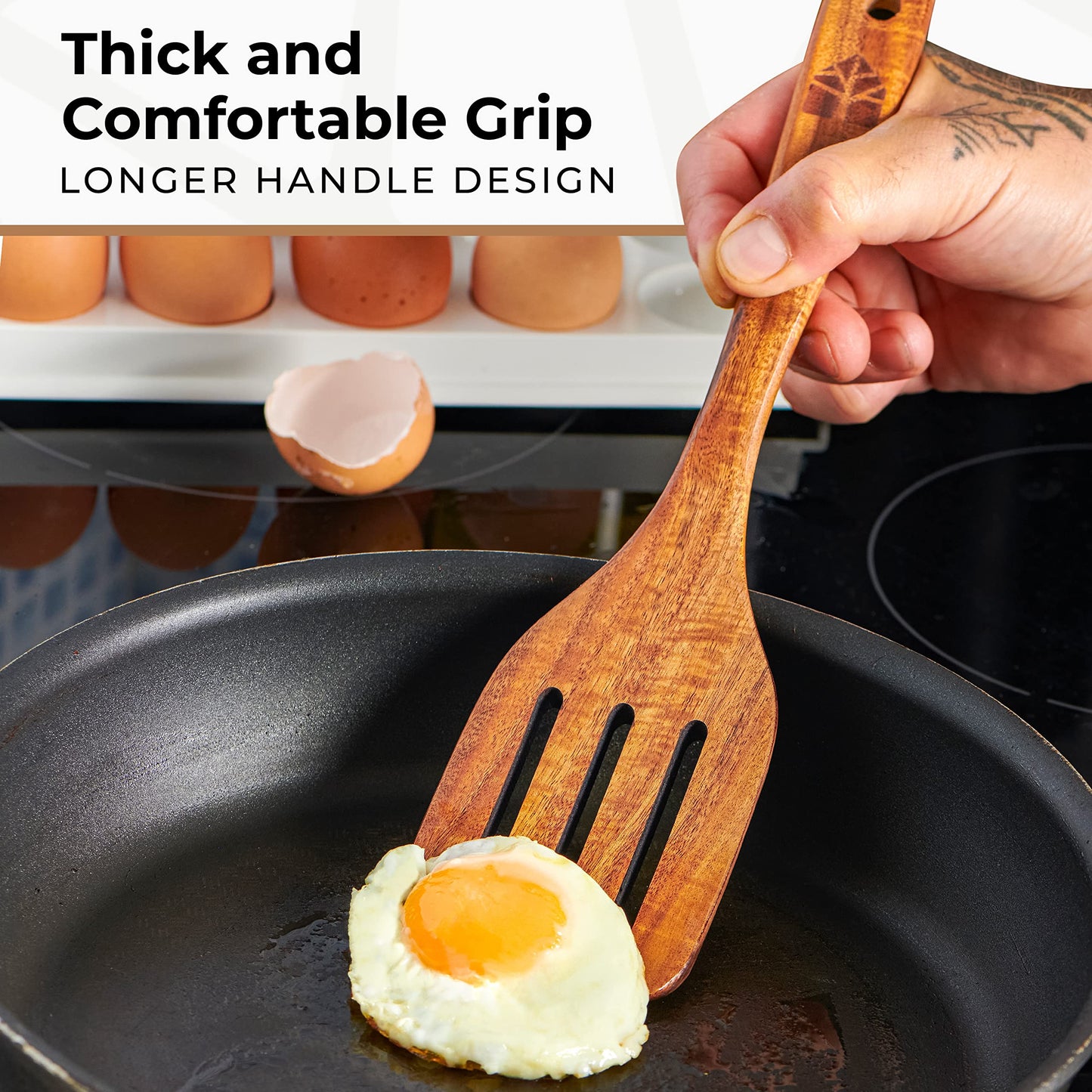 Wooden Spatula for Cooking - Natural Teak Wood Spatula for Non Stick Frying Pan - Wooden Cooking Utensils Set of 4 Including Paddle, Turner, Slotted Spurtle and Wood Scraper - Long Ergonomic Handles