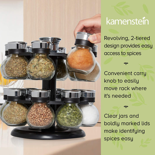 Kamenstein Ellington 16 Jar Revolving Spice Rack with Prefilled Spices - Rotating Chrome and Plastic Countertop Organizer with Sifter Caps and Labeled Lids