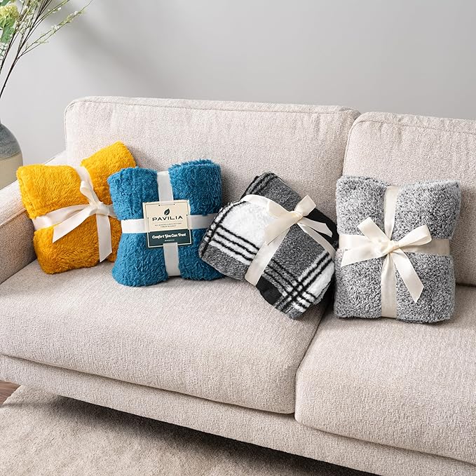 PAVILIA Sherpa Throw Blanket for Couch Sofa, White Black Fluffy Warm Plush Blanket for Bed, Cozy Super Soft Lightweight Throw, Fuzzy Decorative Blanket, All Season Home, 50x60