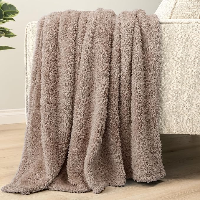 PAVILIA Sherpa Throw Blanket for Couch Sofa, Taupe Tan Fluffy Warm Plush Blanket for Bed, Cozy Super Soft Lightweight Throw, Fuzzy Decorative Blanket, All Season Home, 50x60