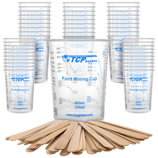 TCP Global 20 oz. (600ml) Graduated Plastic Mixing Cups - Box of 50 with 50 Mixing Sticks - Disposable Plastic Measuring Cups for Liquids, Paints, Resin, Epoxy, Art, Kitchen - Ratios 2-1, 3-1, 4-1 ML
