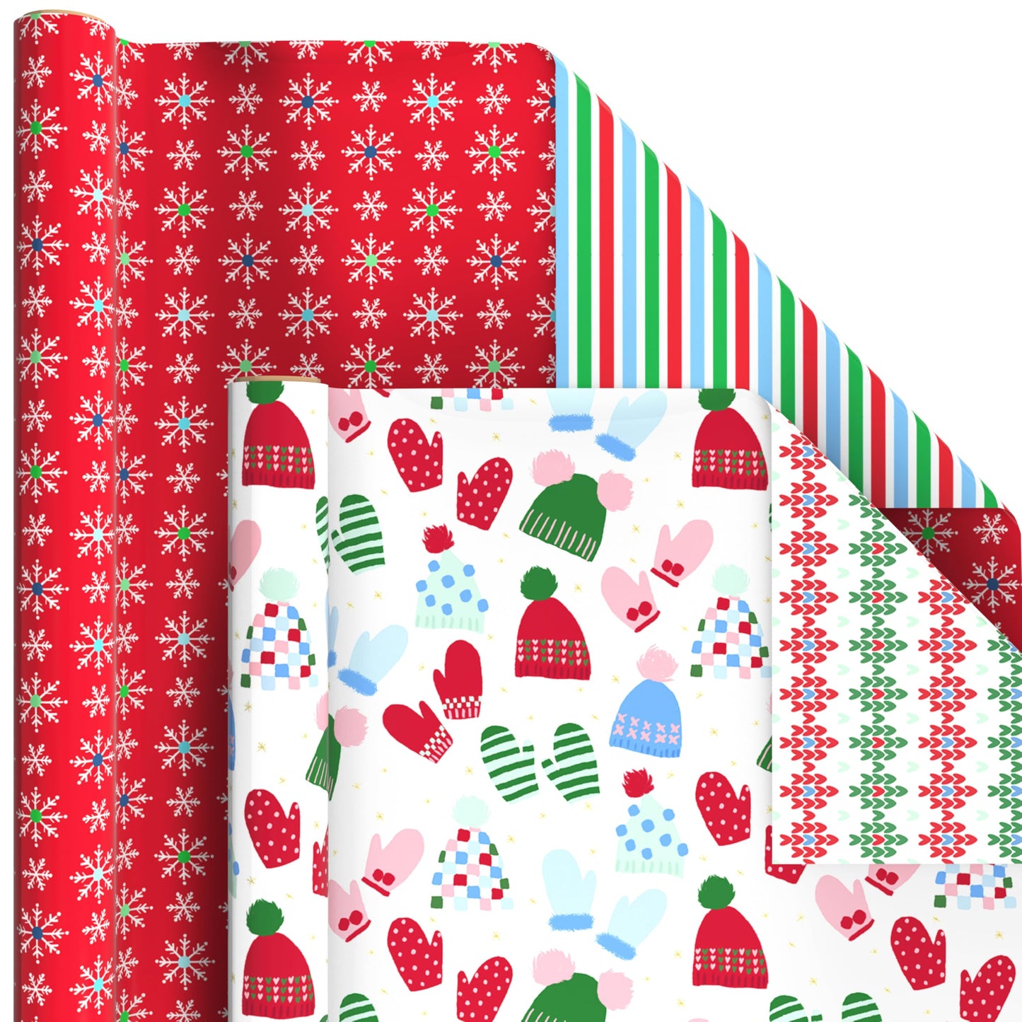 Hallmark Reversible Christmas Wrapping Paper Rolls for Kids (6 Rolls: 150 Sq. Ft. Total) Cookies, Donuts, Mittens, Penguins, Dinosaurs