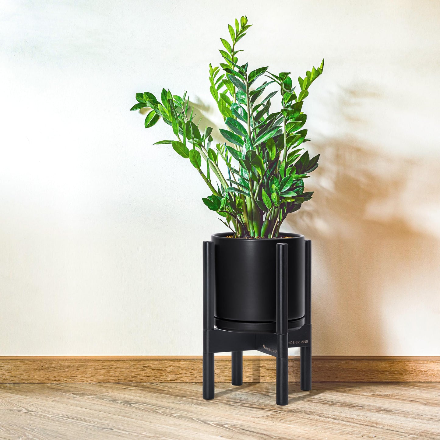D'vine Dev Ceramic Planter with Ebony Stand - 8 Inch Modern Round Flower Pot with Wood Planter Holder, Black, 55-B-M-2