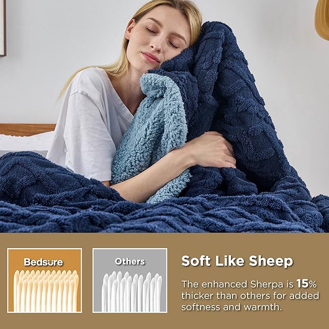 Bedsure Sherpa Fleece Blanket Twin Size for Bed - GentleSoft Fluffy & Cozy Cable Jacquard Tufted for Women Gift, Thick and Warm Blankets for Winter, Navy, 60x80 Inches