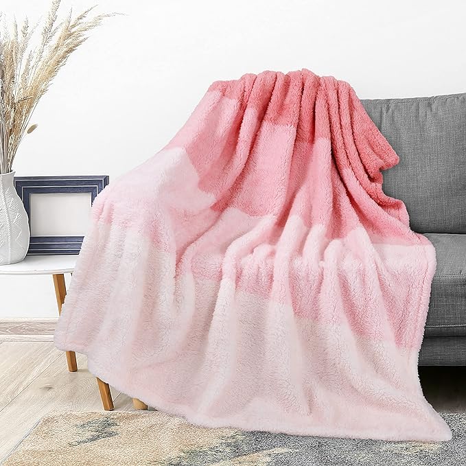 PAVILIA Fluffy Sherpa Throw Blanket Ombre | Gradient Plush, Soft, Fuzzy, Decorative Accent Throw Blanket for Couch Sofa Twin Bed | Cozy Warm Decorative Furry Faux Fur Blanket, 60x80 Inches Pink