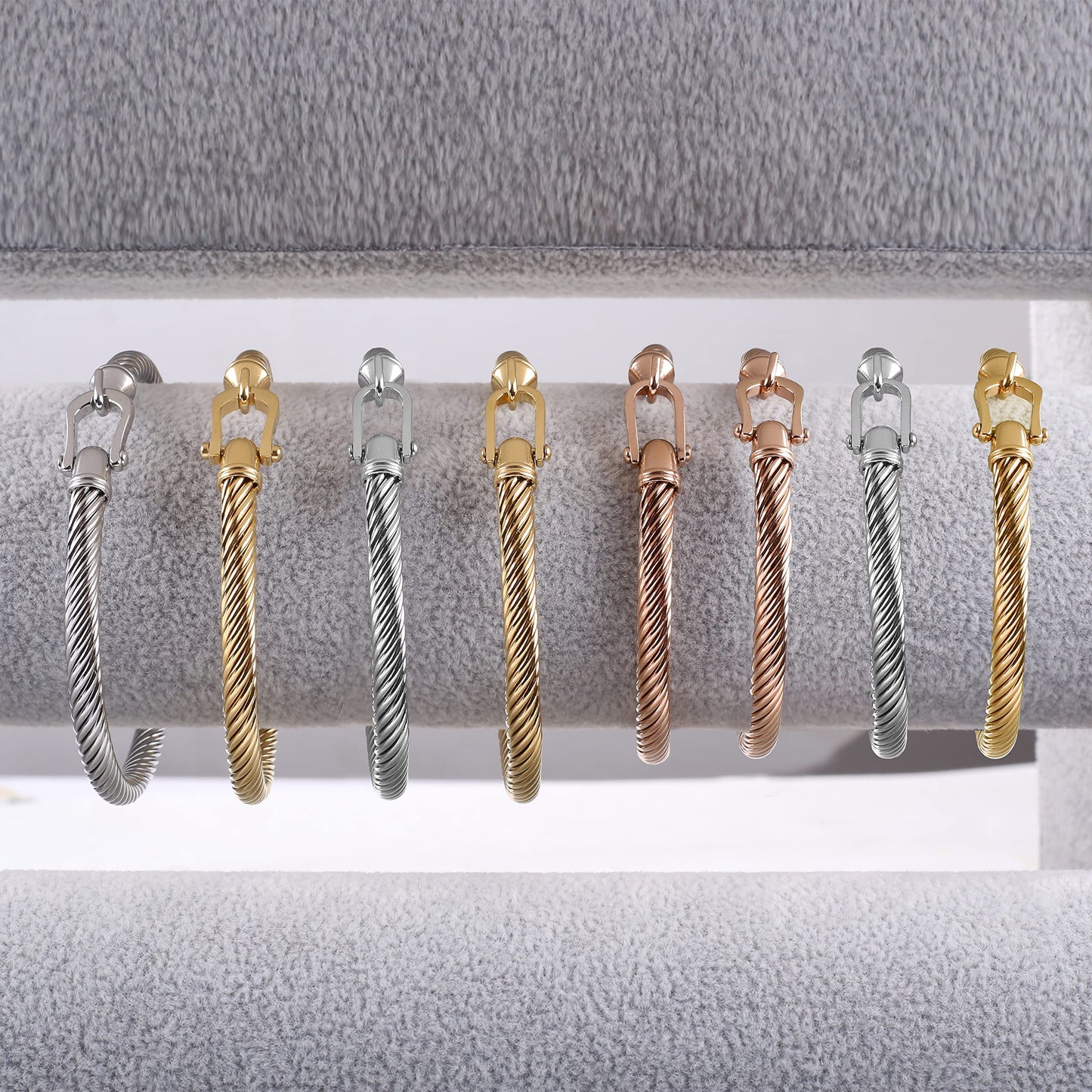 HX SHARE Twisted Cable Bracelet Stylish Fine Stainless Steel Cable Cuff Bracelet with Hook Clasp Bracelets Jewelry for Women Upgrade 18K Gold （7.6"）