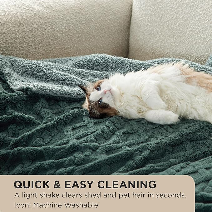 Bedsure Sherpa Fleece Blanket Twin Size for Bed - GentleSoft Fluffy & Cozy Cable Jacquard Tufted for Women Gift, Thick and Warm Blankets for Winter, Dark Green, 60x80 Inches