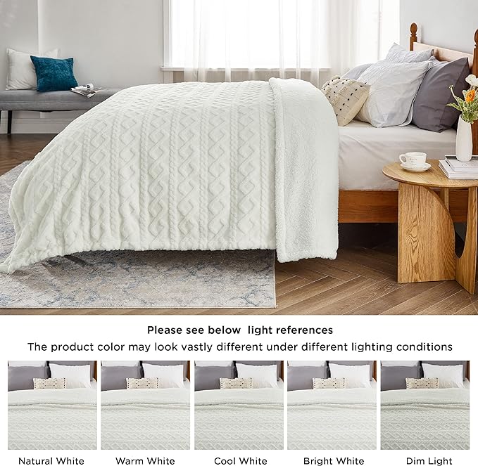 Bedsure Sherpa King Size Blanket for Bed- GentleSoft Fleece Fluffy & Cozy Cable Jacquard Tufted for Women Gift, Thick and Warm Blankets for Winter, Cream, 108x90 Inches