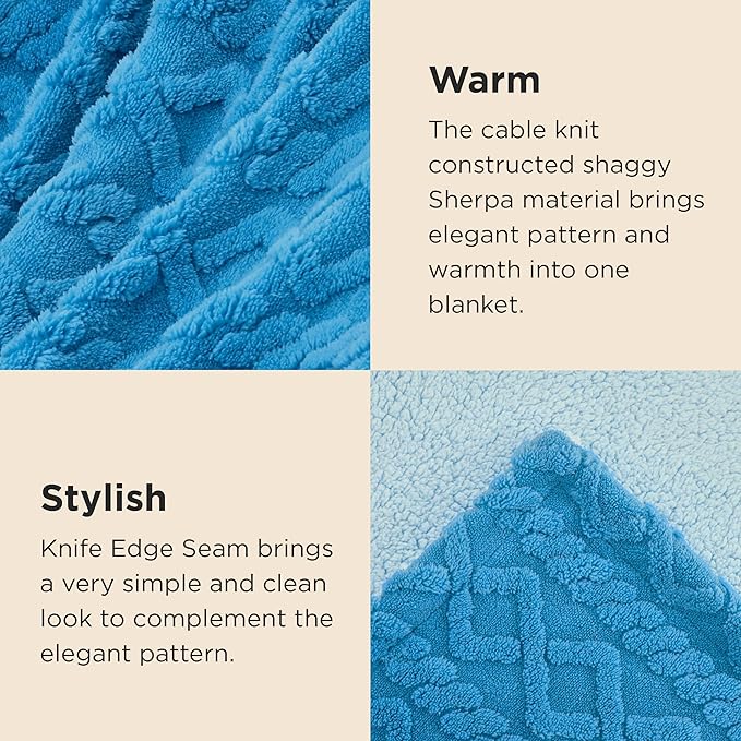 Bedsure Sherpa Fleece Throw Blanket for Couch - GentleSoft Fluffy & Cozy Cable Jacquard Tufted Throw for Women Gift, Thick and Warm Blankets for Winter, Horizon Blue, 50x60 Inches