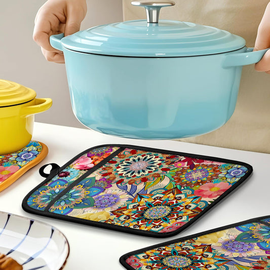 HUGANE Boho Floral Oven Mitts Set, Vintage Luxury Colorful Flower Floral Heat Resistant Kitchen Oven Gloves for Baking and Cooking,Pot Holders