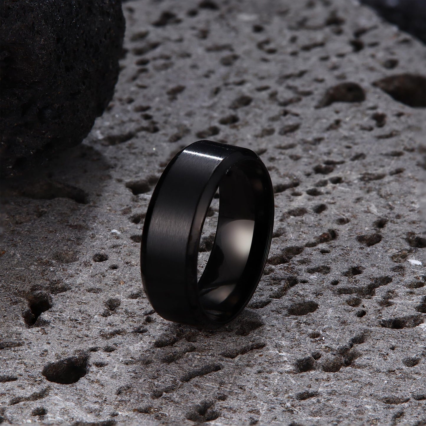 Jstyle Stainless Steel Rings for Men Women 8MM Wedding Band Rings Matte Surface - Beveled Polished Edge Mens Ring Size 8.5 Black Ring for Men
