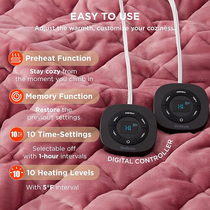 Bedsure Electric Blanket King Size - Dual Control Heated Weighted Blanket King with 10 Heat Settings, Fast Heating with 10 Time Settings (100x90 inches, Dusty Rose)
