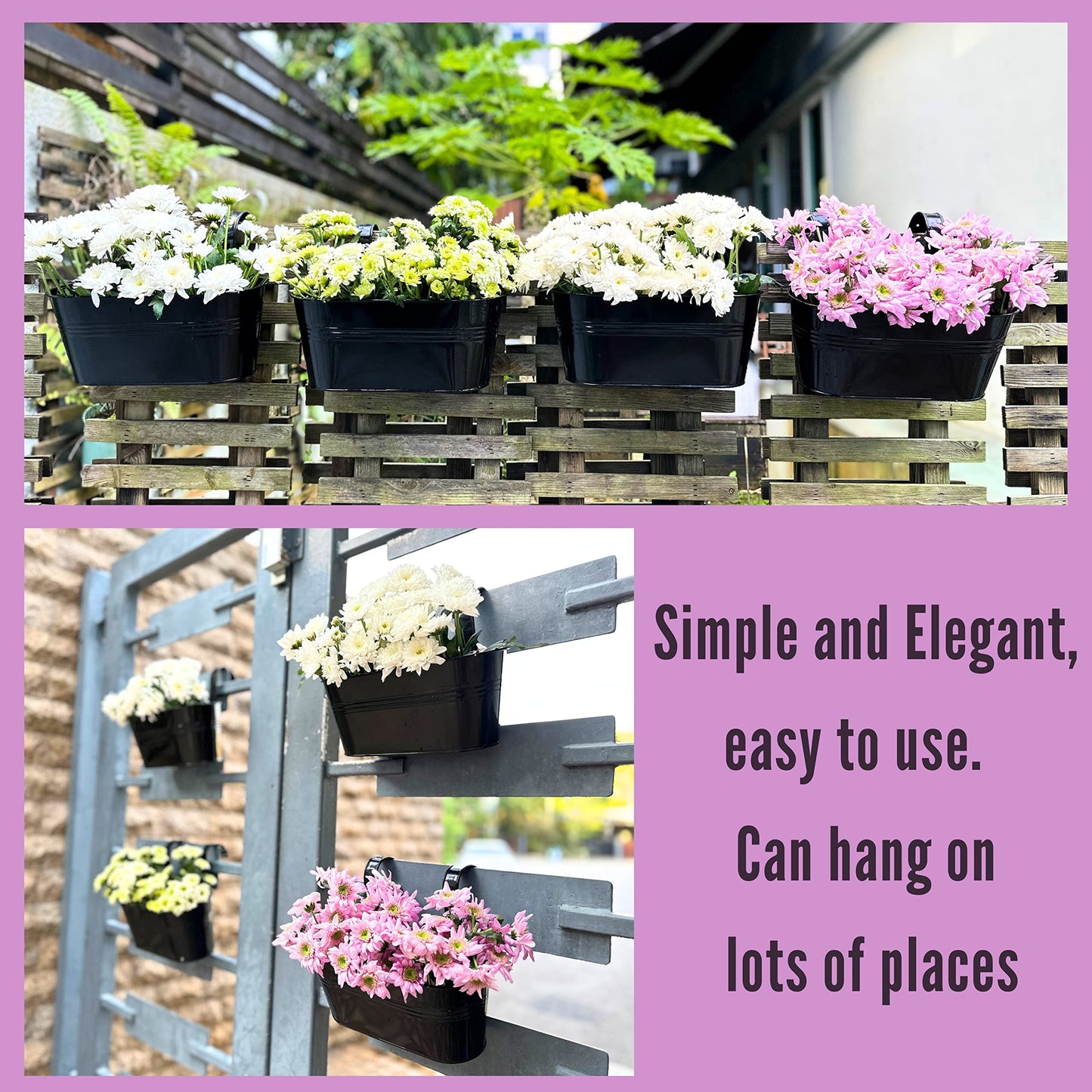 LaLaGreen Rail Planter Outdoor Plants (11.8 Inch, 2 Pack) Black Metal Iron Fence Hanging Flower Pots Deck Railings Buckets Countryside Boho Style Wall Mount Window Box Plant Holder Hooks Porch Decor