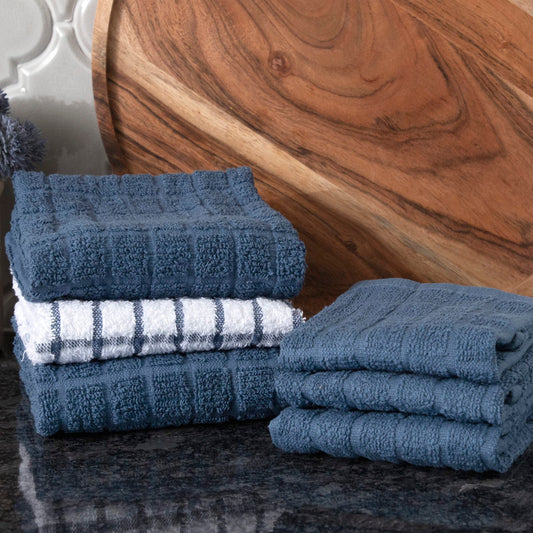 Ritz Premium Kitchen Towel and Dish Cloth Value Set: Highly Absorbent, Super Soft, Long-Lasting, 100% Cotton Checked and Solid Hand Towels, Tea Towels, Bar Towels - 6 Pack, Federal Blue