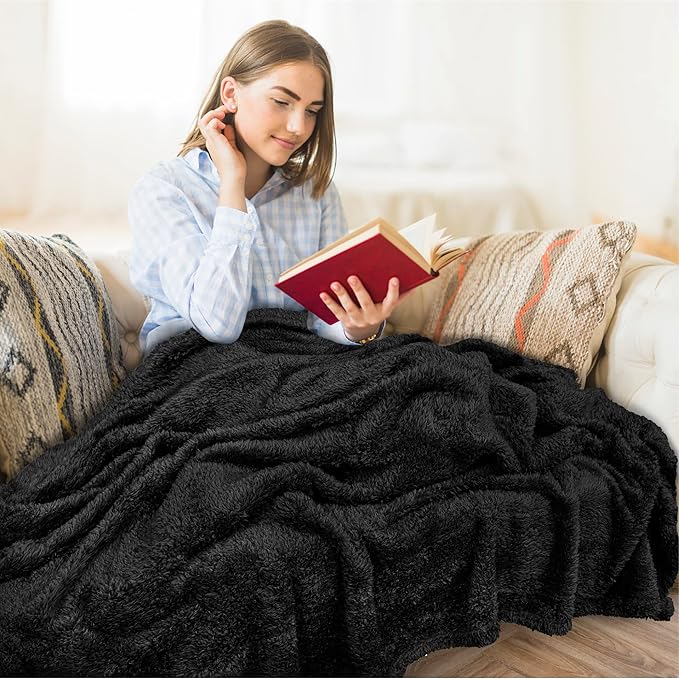 Pavilia Sherpa Bed Blanket Queen Size, Black Plush Soft Cozy Fluffy Lightweight Microfiber Fuzzy All Season Blanket, 90x90