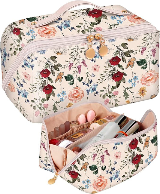 Bistup Makeup Bag Travel Cosmetic Bag Toiletry Make Up Bags Cute Women Large Capacity Big Medium Leather Flower Floral Aesthetic Girl Teen Teenage Foldable Expandable Open Flat Zip