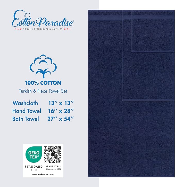 Cotton Paradise 6 Piece Towel Set 100% Cotton Soft Absorbent Turkish Towels for Bathroom 2 Bath Towels 2 Hand Towels 2 Washcloths, Navy Blue Towel Set