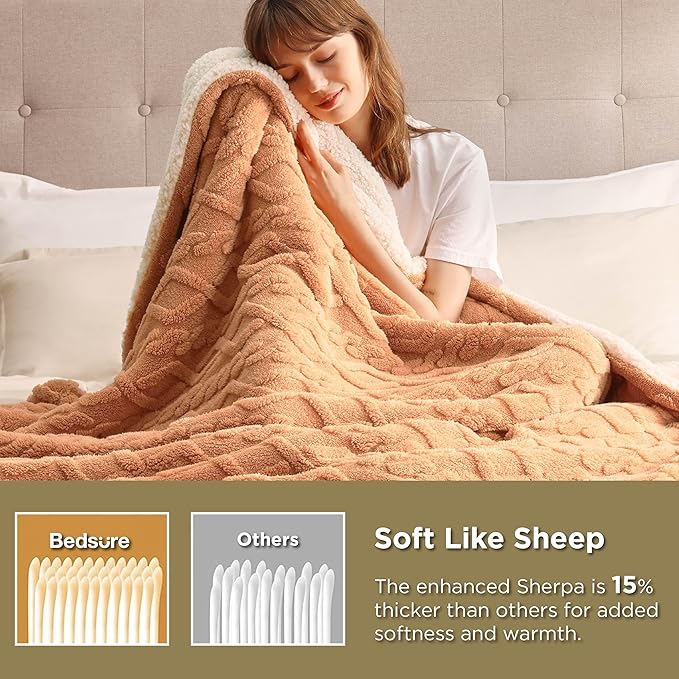 Bedsure Sherpa Fleece Throw Blanket for Couch - GentleSoft Fluffy & Cozy Cable Jacquard Tufted Throw for Women Gift, Thick and Warm Blankets for Winter, Light Brown, 50x60 Inches