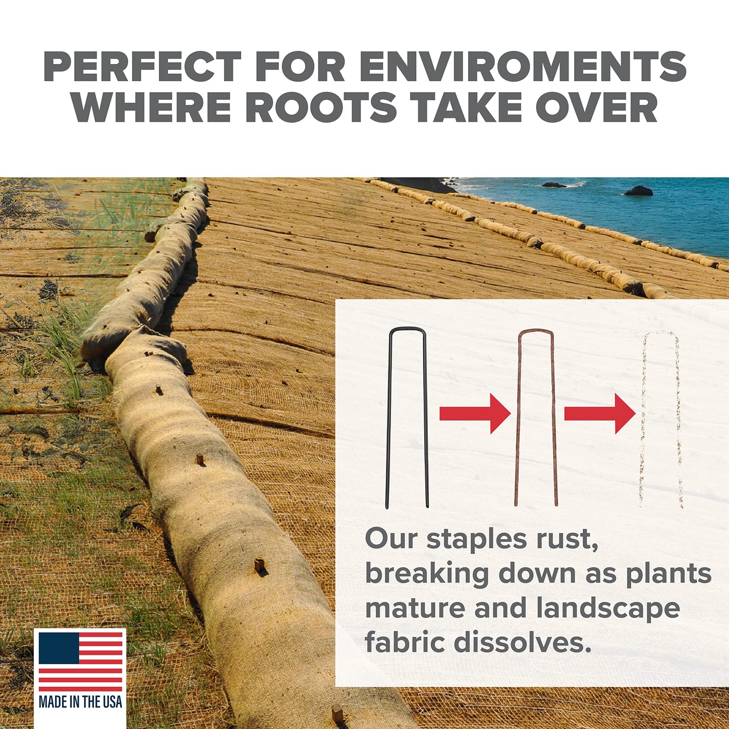 Pinnacle Mercantile USA Made 100 Pack Dissolving Garden Landscape Staples Weed Barrier Fabric Stakes 6 inch Pins Sod Staple 11 Gauge Steel