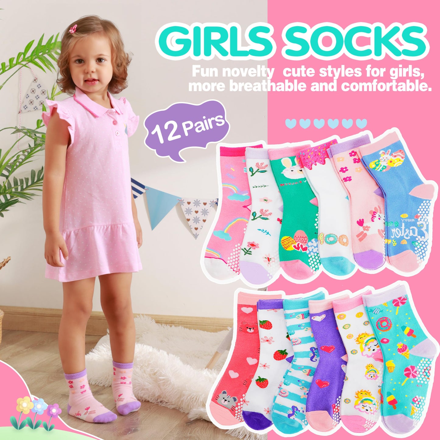 Welwoos Baby Girls Toddlers Grips Socks Kids Non Slip Anti Skid Funny Animal Cartoon Gift Cotton Socks with Grippers 12 Pairs Stocking Stuffers (Flower,3-5 Y)