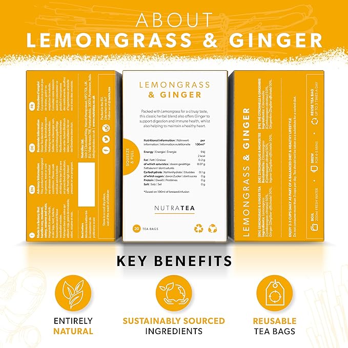 Nutra Tea - Lemongrass & Ginger Tea - 60 Tea Bags - Herbal Tea - (3 Pack)
