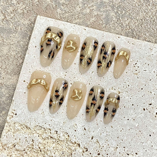 NLSJMP Handmade Press on Nails,Acrylic Fake Nails Kit,Luxury glitter brown leopard Design Nail Art Kit,Reusable False nails,Include Toolkit,10pcs,Size S，#864