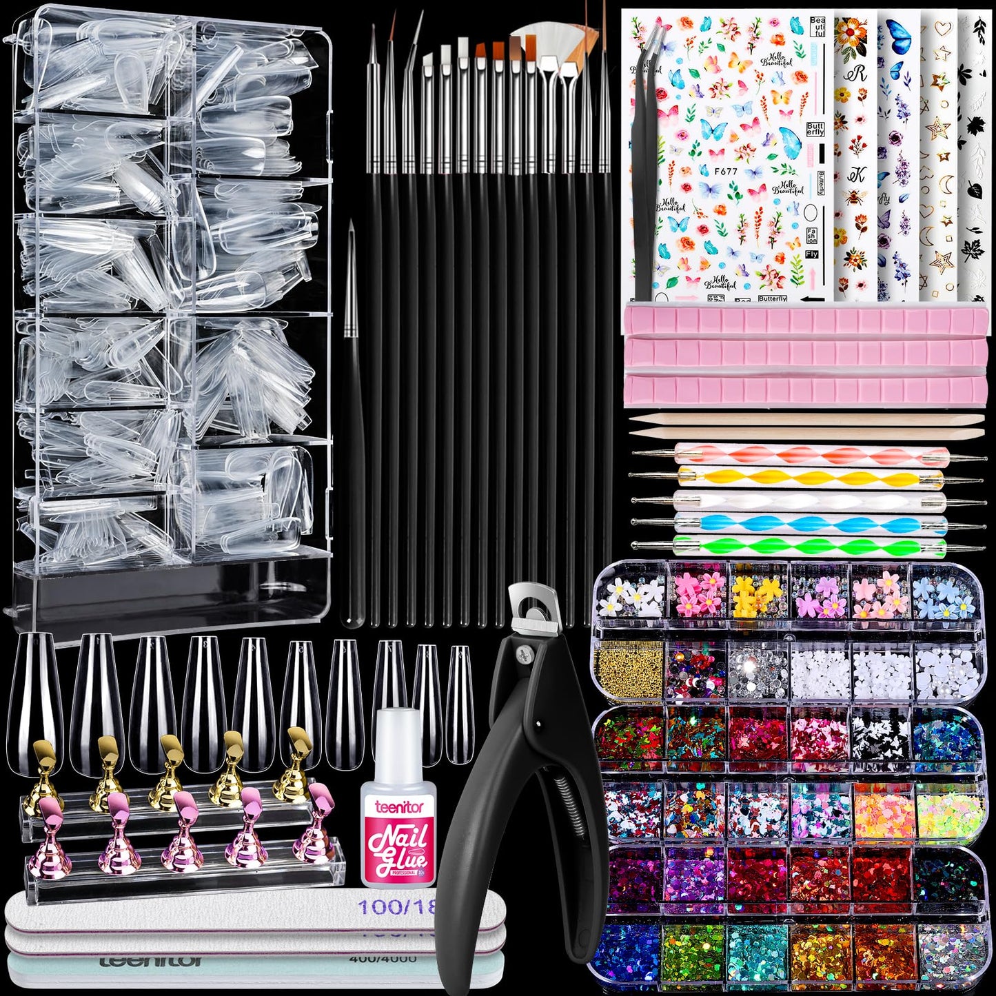 Teenitor Press On Nail Kit - Clear Coffin Nail Tips, Art Brushes, Dotting Pen, Glitter, Stickers & Rhinestones