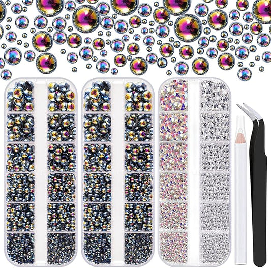 4000PCS Flatback Rhinestones and Half Round Pearls Kit #5, Multi Size Glass Clear & AB Crystals, Plastic Flat Back Black AB Dome Bead with Pickup Pencil and Tweezer for Nail Art