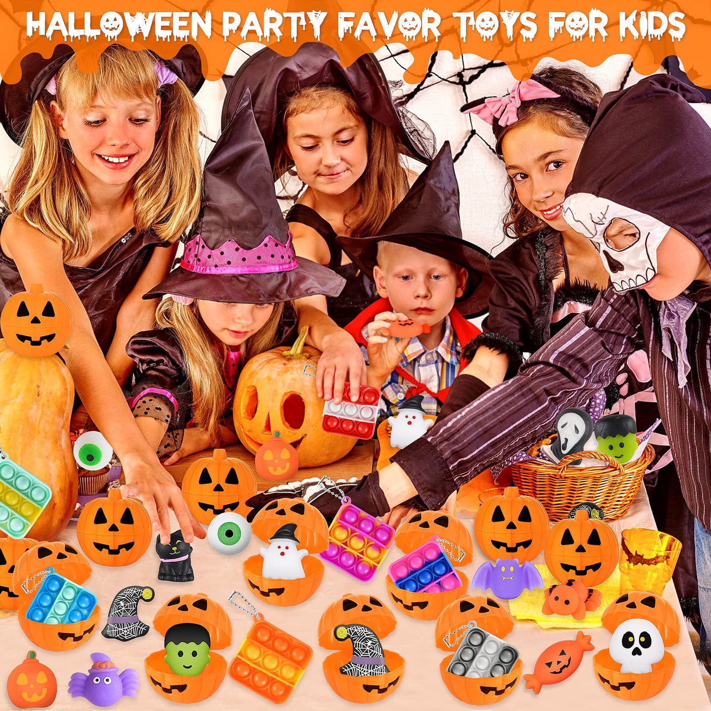 48 Halloween Toys Pack with Pumpkin Box, Halloween Party Favors Gifts for Kids, Squishy Mochi Toys in Bulk with Bubble Push it Keychain, Halloween Treat Bags Fillers, Trick or Treat Classroom Prizes