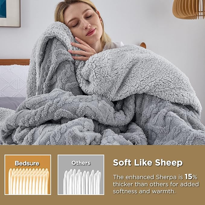 Bedsure Sherpa King Size Blanket for Bed- Fleece Soft Cozy Fuzzy Cable Blankets for Women, Thick Warm for Winter and All Seasons, Grey, 108x90 Inches