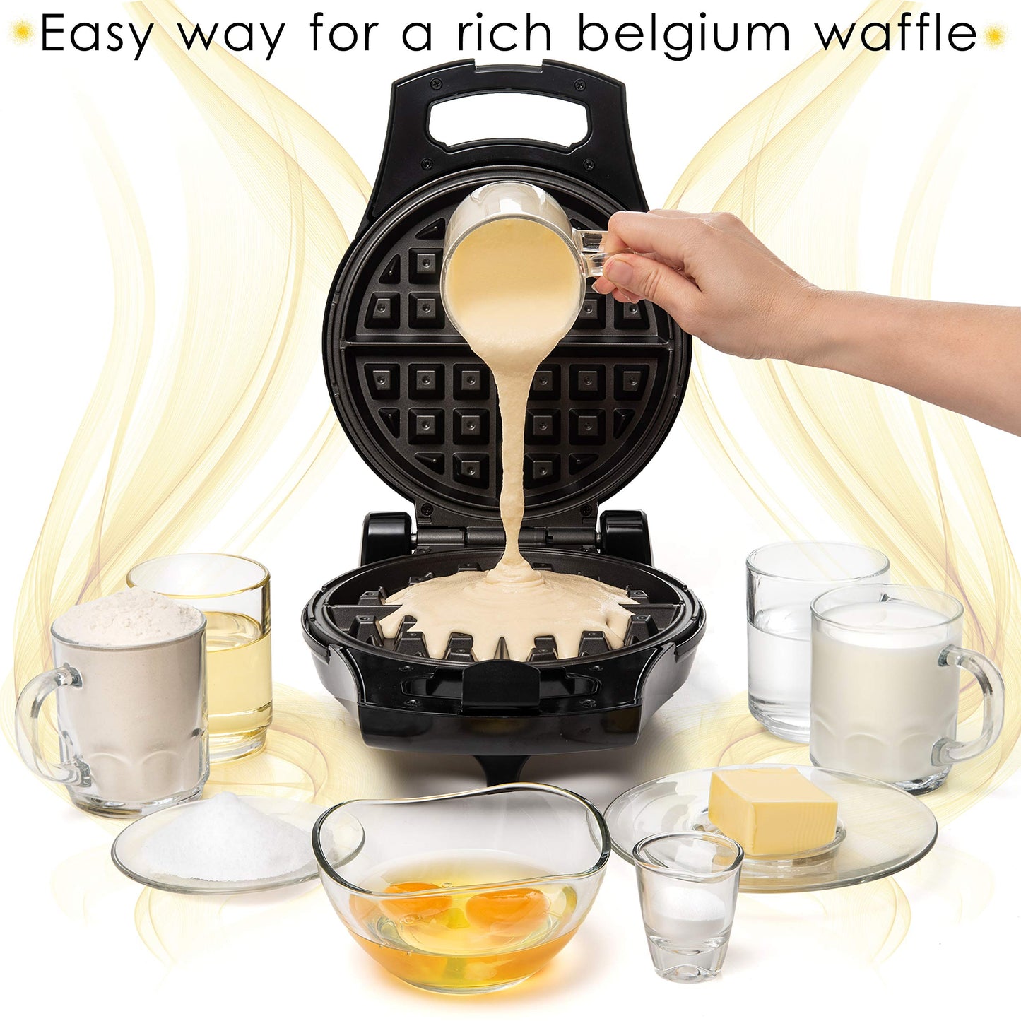Moss & Stone Belgian Waffle Maker, Electric Flip Waffle Machine with Adjustable Temperature Control, Non-Stick Grids for Smooth Release, Compact 8-Inch Round Waffle Maker, Black