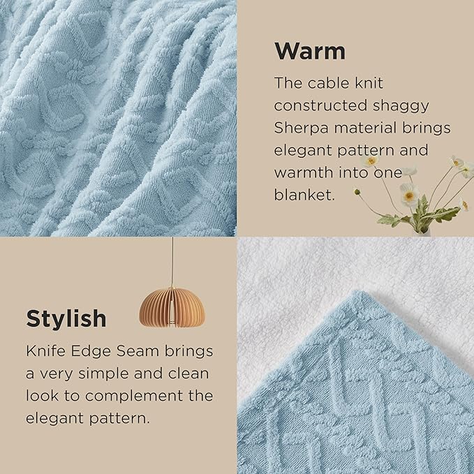 Bedsure Sherpa King Size Blanket for Bed- GentleSoft Fleece Fluffy & Cozy Cable Jacquard Tufted for Women Gift, Thick and Warm Blankets for Winter, Blue, 108x90 Inches