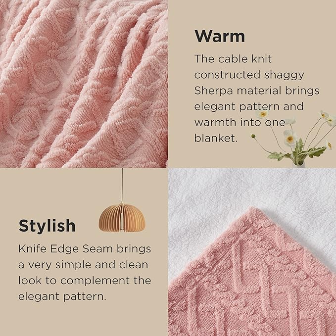 Bedsure Sherpa Fleece Blanket Twin Size for Bed - GentleSoft Fluffy & Cozy Cable Jacquard Tufted for Women Gift, Thick and Warm Blankets for Winter, Pink, 60x80 Inches