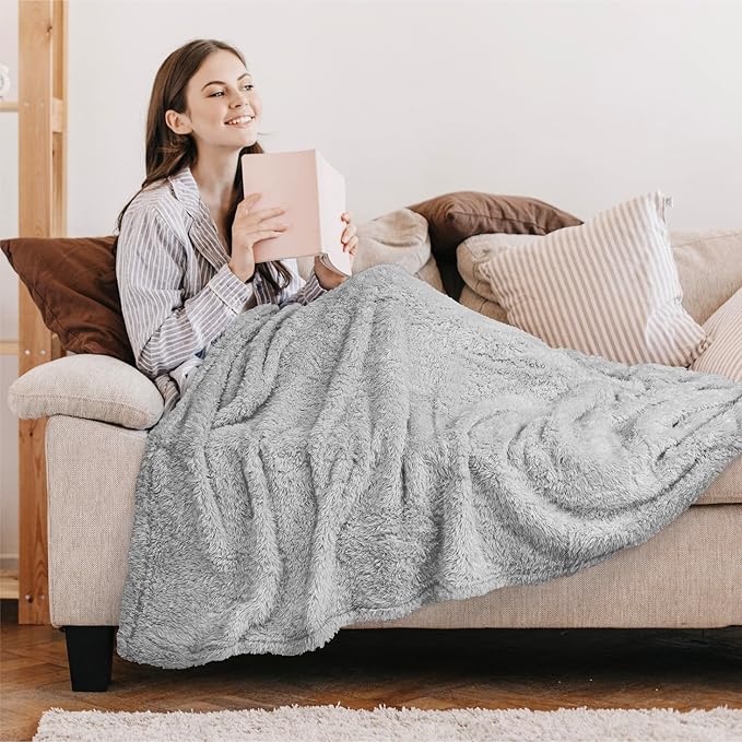 Pavilion Sherpa Bed Blanket Queen Size - Light Grey Plush Soft Cozy, Fluffy Microfiber, Fuzzy All Season, 90x90