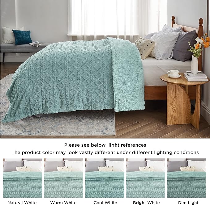 Bedsure Sherpa Queen Size Blanket for Bed - GentleSoft Fleece Fluffy & Cozy Cable Jacquard Tufted for Women Gift, Thick and Warm Blankets for Winter, Sage Green, 90x90 Inches