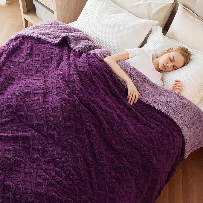 Bedsure Sherpa Fleece Blanket Twin Size for Bed - GentleSoft Fluffy & Cozy Cable Jacquard Tufted for Women Gift, Thick and Warm Blankets for Winter, Purple, 60x80 Inches