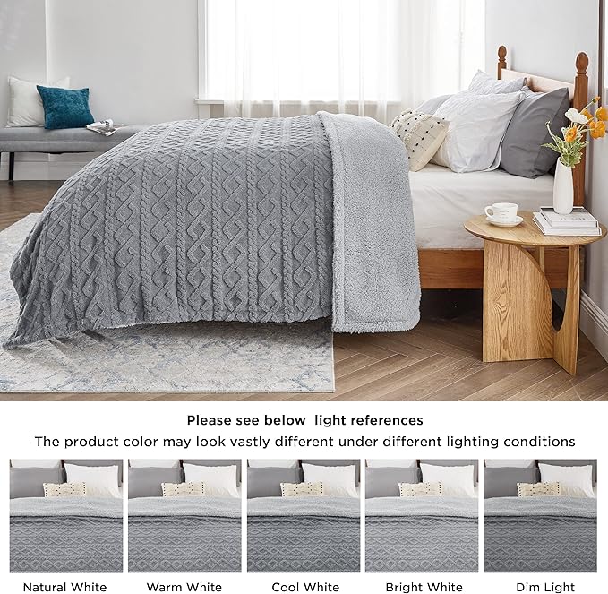 Bedsure Sherpa King Size Blanket for Bed- Fleece Soft Cozy Fuzzy Cable Blankets for Women, Thick Warm for Winter and All Seasons, Grey, 108x90 Inches