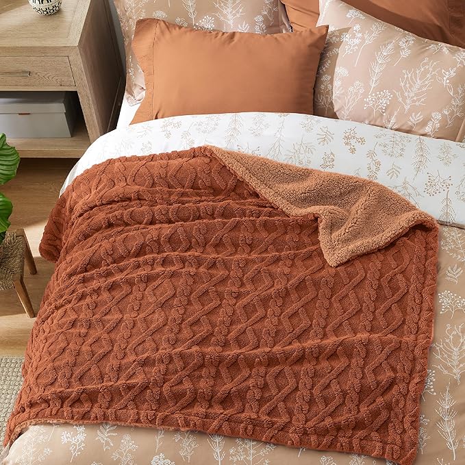 Bedsure Sherpa Fleece Throw Blanket for Couch - GentleSoft Fluffy & Cozy Cable Jacquard Tufted Throw for Women Gift, Thick and Warm Blankets for Winter, Orange, 50x60 Inches
