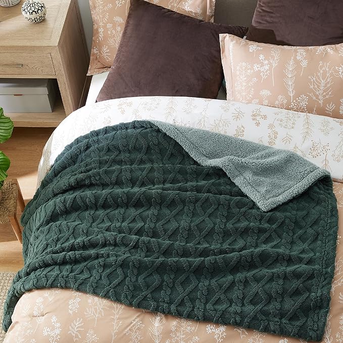Bedsure Sherpa Fleece Throw Blanket for Couch - GentleSoft Fluffy & Cozy Cable Jacquard Tufted Throw for Women Gift, Thick and Warm Blankets for Winter, Dark Green, 50x60 Inches