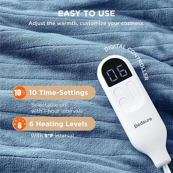 Bedsure Electric Blanket Twin - Soft Flannel Heated Blanket, Fast Heating with 10 Time Settings & 6 Heat Settings, Warm Gift for Grandma (62x84 inches, Blue)