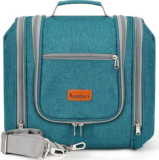 Extra Large Toiletry Bag for Women and Men, 6 Organizer Compartments, Holds Full Size Shampoo, with Hanging Hook Cosmetic Bag, Travel Makeup Bag, Bathroom Water-resistant Toiletries Bag, Blue