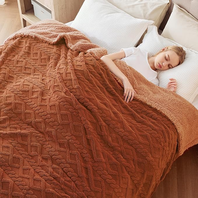Bedsure Sherpa King Size Blanket for Bed- GentleSoft Fleece Fluffy & Cozy Cable Jacquard Tufted for Women Gift, Thick and Warm Blankets for Winter, Orange, 108x90 Inches